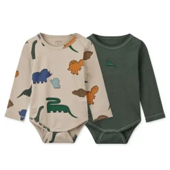 Liewood Yanni printed body stocking ls 2-pack Dinosaurs Mist / Forest green New